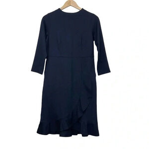 J. Jill Navy Ponte Knit Front Ruffle Dress 3/4 Sleeve Size XS